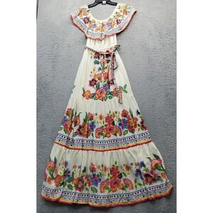 Flying Tomato Maxi Dress Womens XS Multi Floral Belted Ruffle Trim Off Shoulder